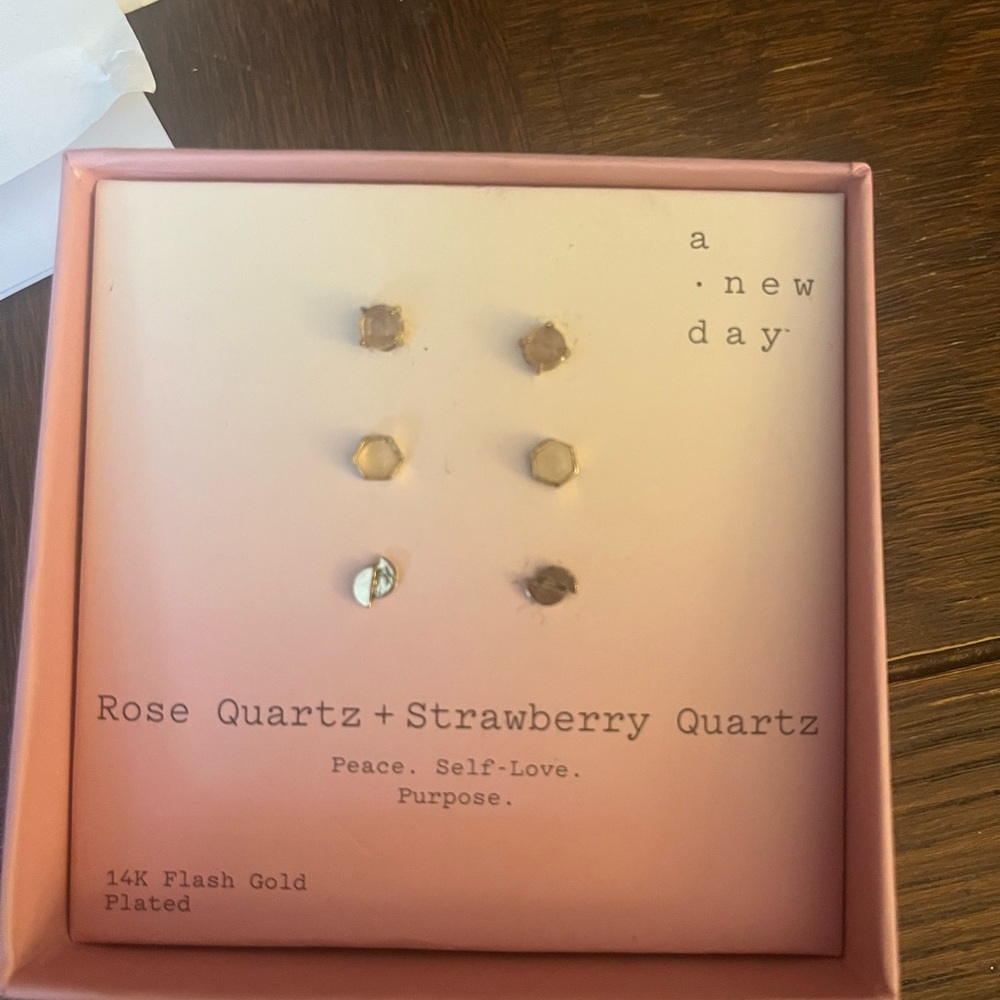 Pink and Gold Quartz Stud Earrings
